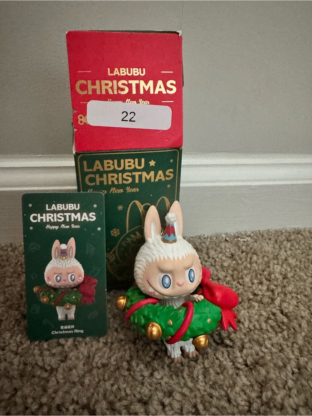 LABUBU Christmas Bunny Figurine - White with Green Wreath and Red Bow